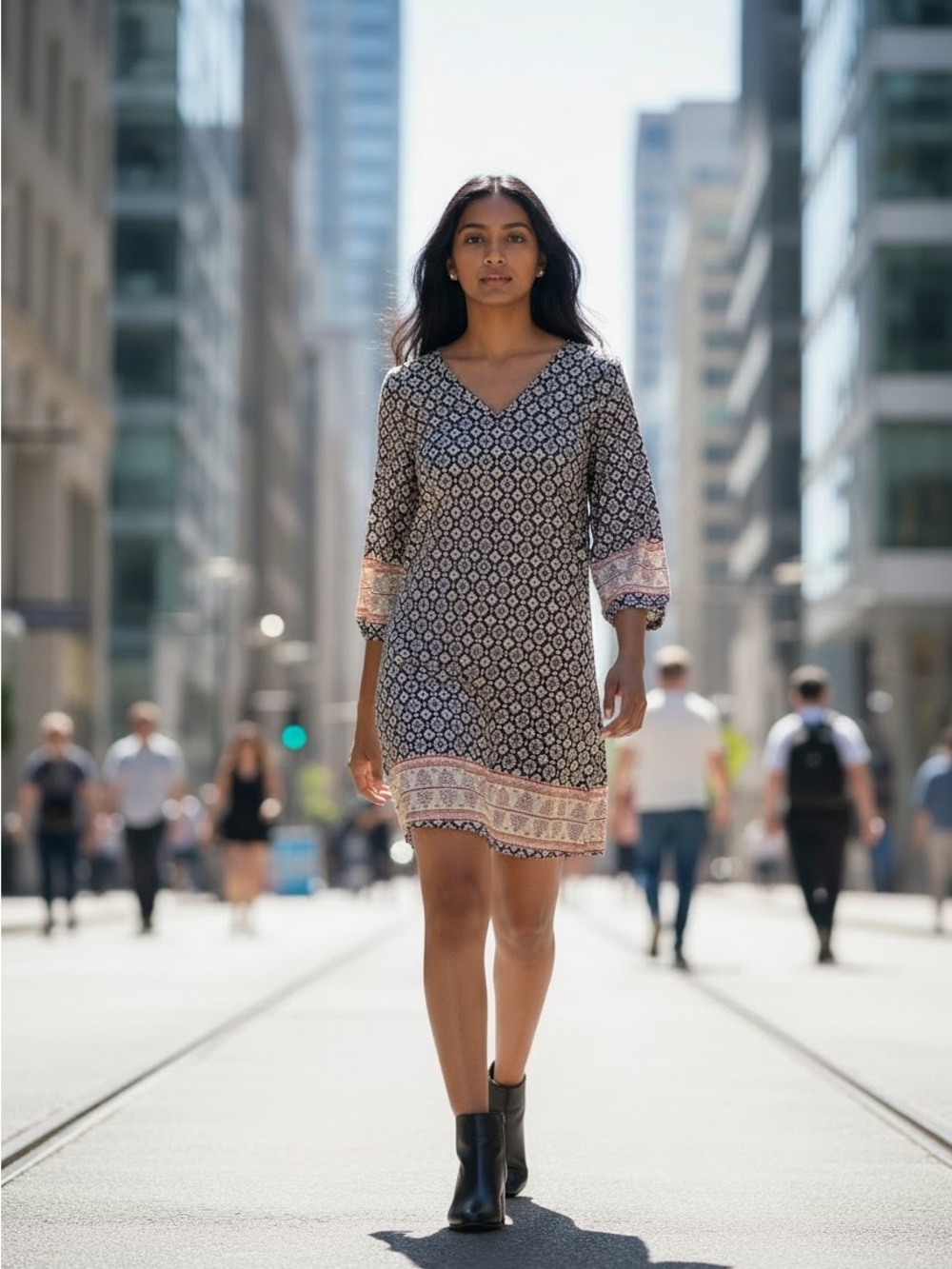 Patterned Shift Dress; V-Neck & 3/4 Sleeve; Add Tights & Boots 4 Fall!